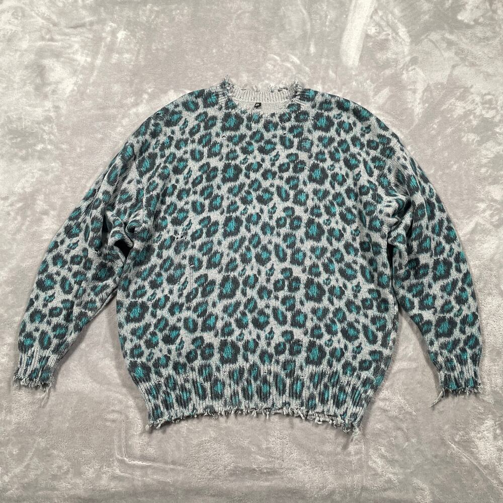 R13 Sweater Womens XXS Grey Blue Leopard Oversized Distressed Indie Boho Luxury